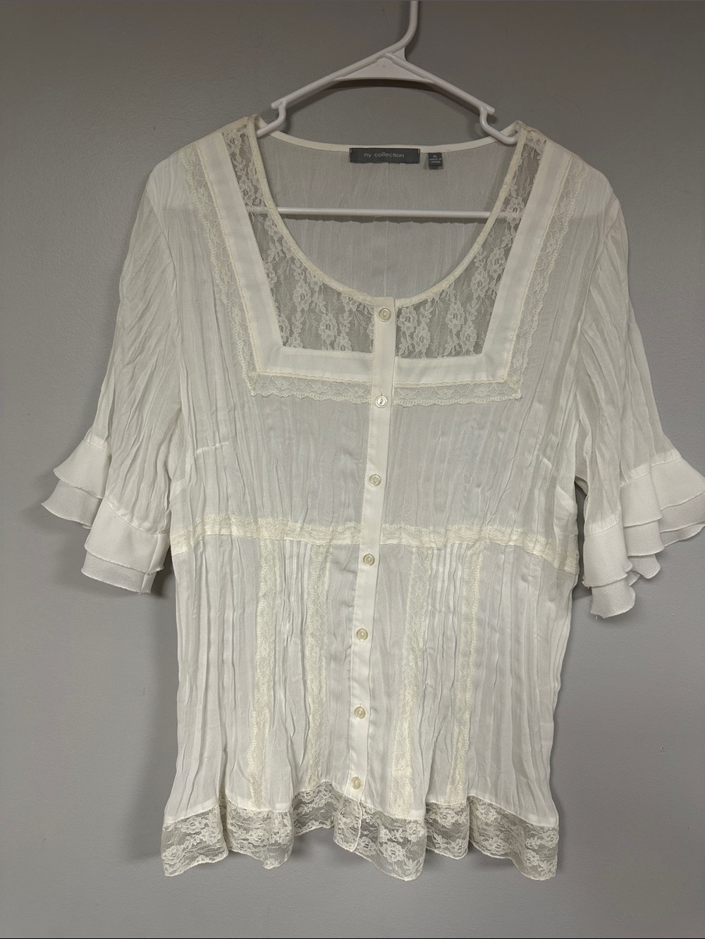 NY Collection Whimsy Fairy Lace Insets White Crinkled Button Front Blouse XL
